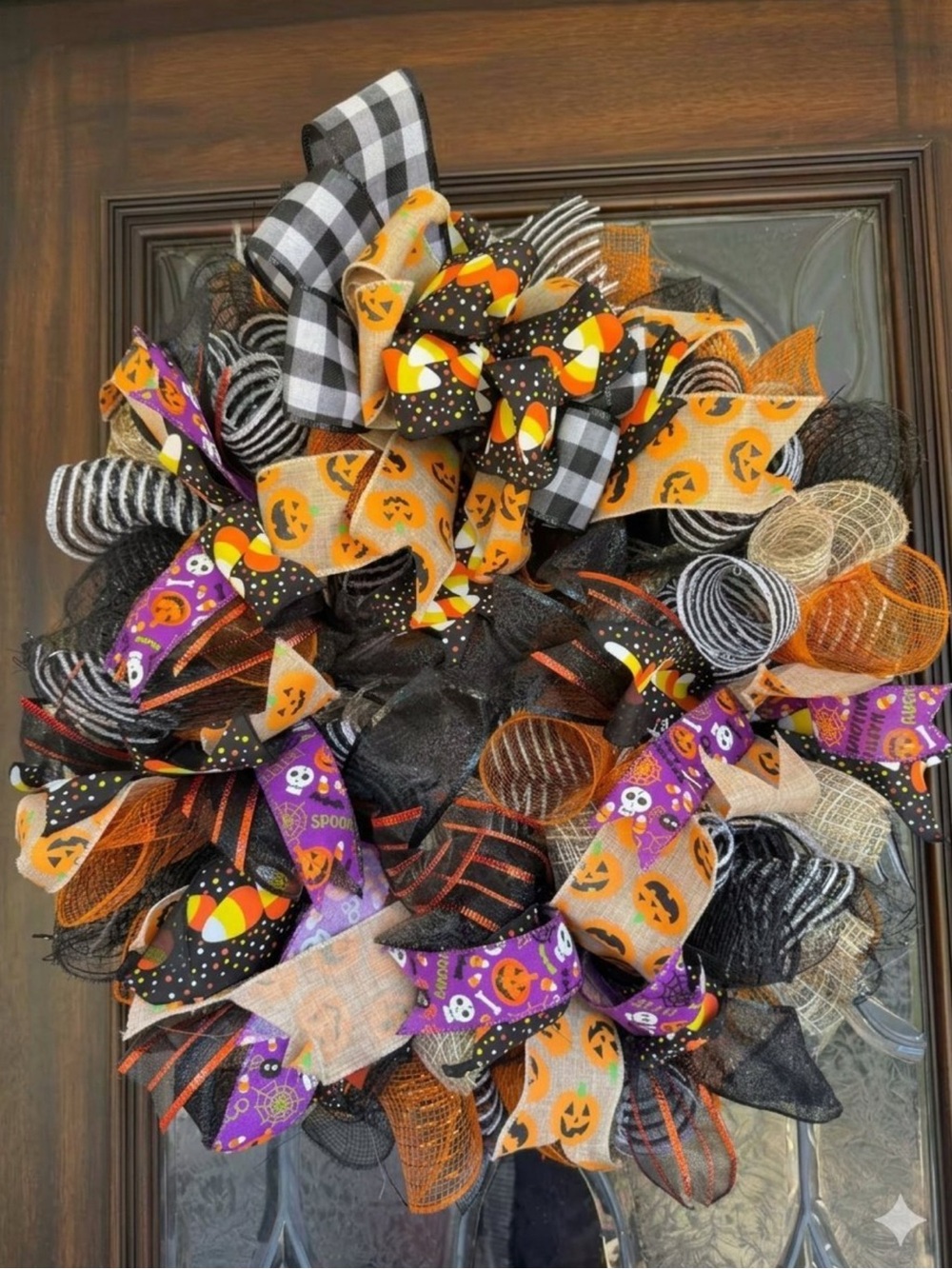 Halloween Decorative Wreath - Black Orange Purple Ribbon Accent